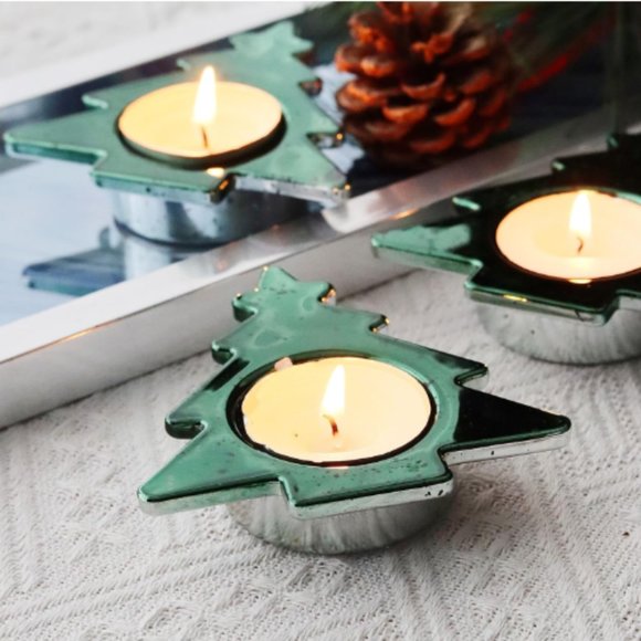 Set of 6 - Green Pine Tree - Mercury Glass Tealight Candle Holders - Picture 5 of 10